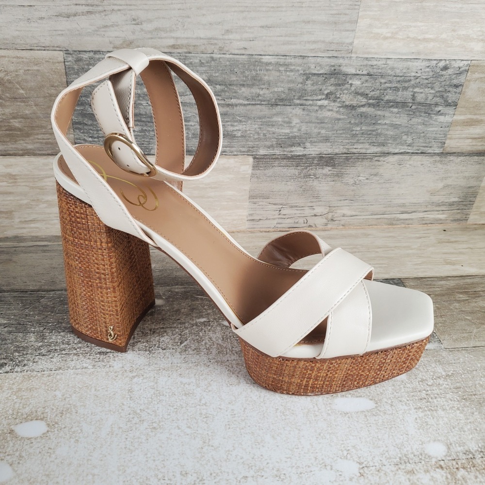 Sam Edelman Nolita Womens Sandals Sz 9.5 M Ivory Buckle Ankle Strap Block Heel